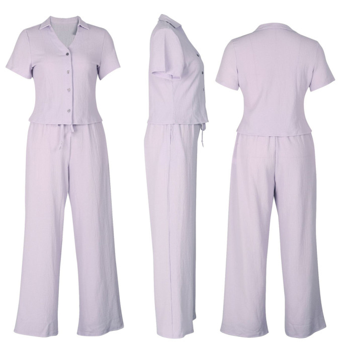 Relaxed Pleated V-Neck Linen Two-Piece Summer Set