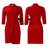 IHOOV Fashionable Tie-Neck and Pleated Details Waist-Cinching Dress