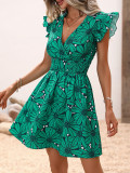 IHOOV Alluring Floral Ruffle Hem Sleeveless V-Neck Cinched-Waist Dress
