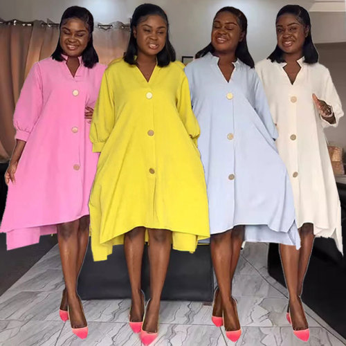 IHOOV Women Solid Irregular Lantern Sleeve Dress