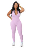 IHOOV Elastic Ribbed Sleeveless Zipper Jumpsuit for Women