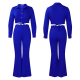 IHOOV Chic Solid Color Collared Blouse and High-Waisted Flared Pants Set