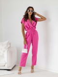 IHHOV Solid-Colored V-Neck Short-Sleeve Jumpsuit