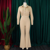 IHOOV Chic Solid Color Collared Blouse and High-Waisted Flared Pants Set