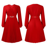IHOOV Elegant V-Neck Pleated Plus-Size women Dress