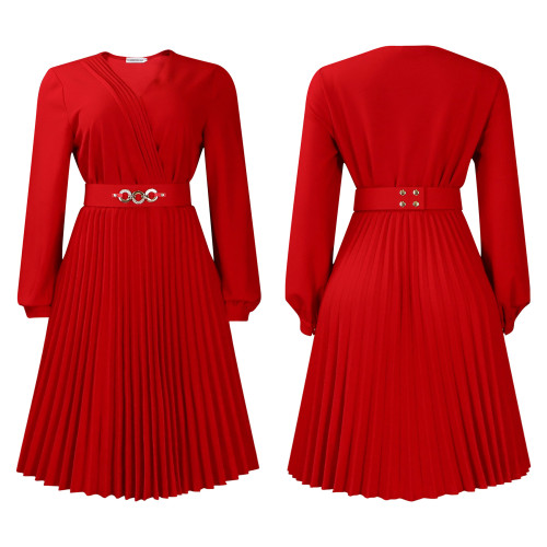 IHOOV Elegant V-Neck Pleated Plus-Size Dress