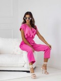 IHHOV Solid-Colored V-Neck Short-Sleeve Jumpsuit