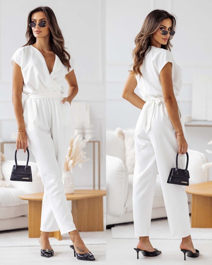 IHHOV Solid-Colored V-Neck Short-Sleeve Jumpsuit