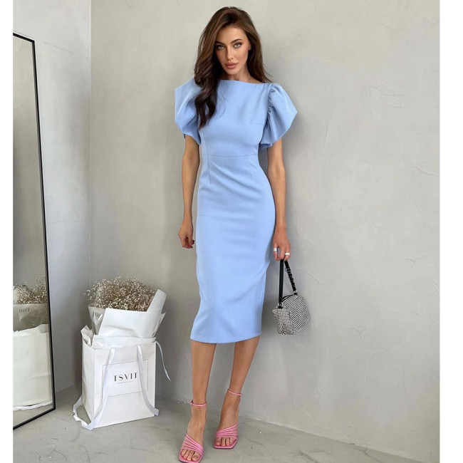 IHOOV Captivating Blue Puff Sleeve Waist Cinched Dress