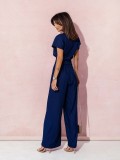 Ihoov Chic V-Neck Waisted Short-Sleeve Casual Wide-Leg women Jumpsuit