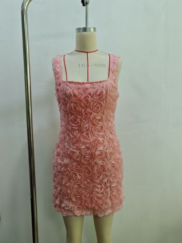 Sweet and Lovely Three-dimensional Flower Strap Mini Dress
