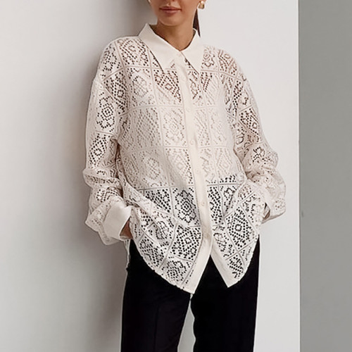 Exquisite Lace Crochet Blouse Elegant Loose Fit Shirt
