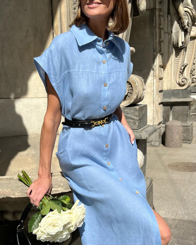 Blue High-Waisted Belted Collared Cotton Linen Maxi Dress