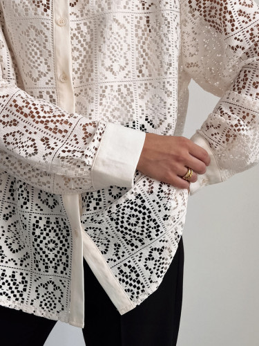Exquisite Lace Crochet Blouse Elegant Loose Fit Shirt