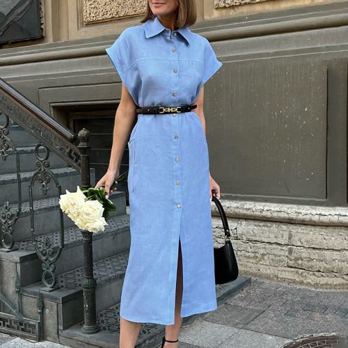 Blue High-Waisted Belted Collared Cotton Linen Maxi Dress