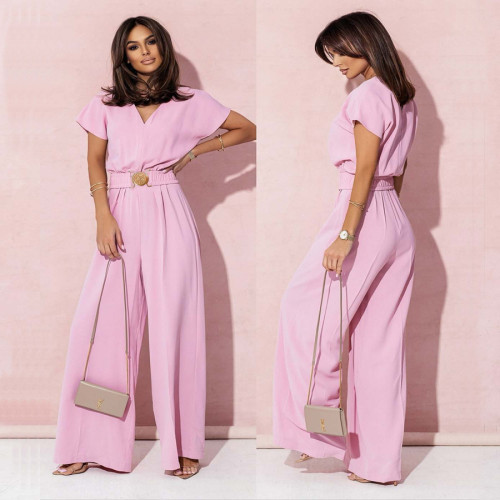 Ihoov Chic V-Neck Waisted Short-Sleeve Casual Wide-Leg women Jumpsuit