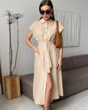 Blue High-Waisted Belted Collared Cotton Linen Maxi Dress