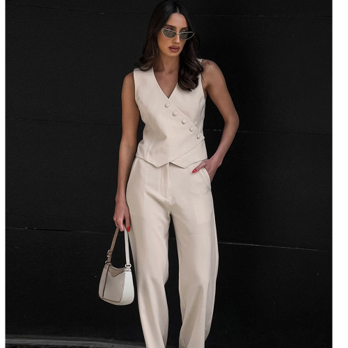 IHOOV Linen-Cotton Khaki Cardigan Vest and Straight-Leg Pants Two-Piece Set