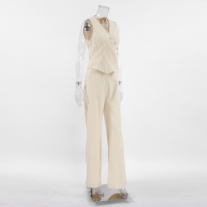 IHOOV Linen-Cotton Khaki Cardigan Vest and Straight-Leg Pants Two-Piece Set