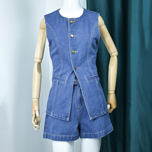 IHOOV Unique Blue Denim High-Waisted Sleeveless Vest Two-Piece Set