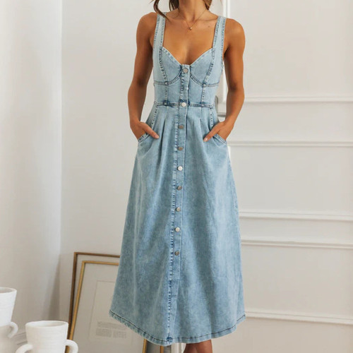 IHOOV Adjustable Straps Vintage-Inspired Denim Maxi Dress