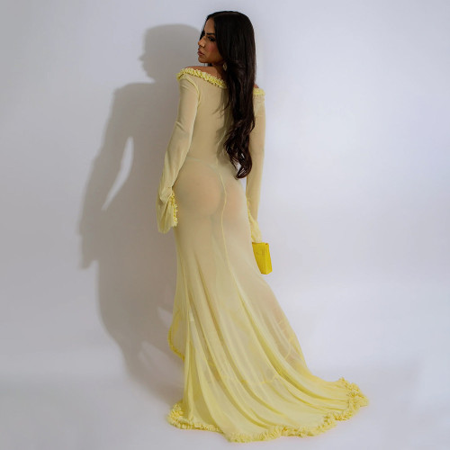 IHOOV Alluring Transparent Long-Sleeved V-Neck Solid Color Dress