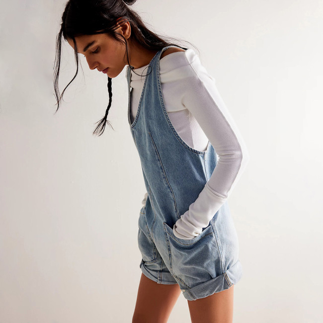 IHOOV Versatile and Comfortable Adjustable pocket Strap Denim Jumpsuit Shorts