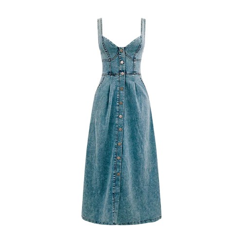 IHOOV Adjustable Straps Vintage-Inspired Denim Maxi Dress