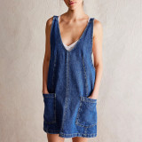 IHOOV Adjustable Denim Overalls Mini Dress with Pockets