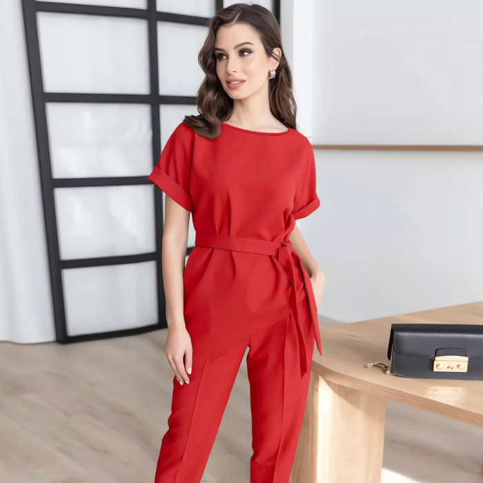 Women's Round Neck Short Sleeve Belt Top Set Long Pants Fashion Casual Two Piece Set