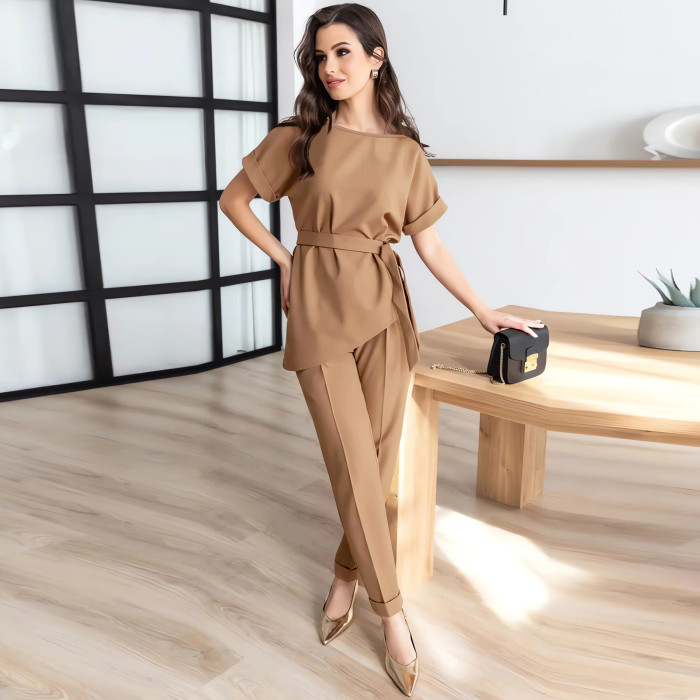 Women's Round Neck Short Sleeve Belt Top Set Long Pants Fashion Casual Two Piece Set