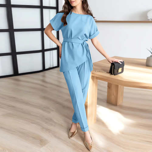 Women's Round Neck Short Sleeve Belt Top Set Long Pants Fashion Casual Two Piece Set