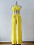 Women's Sleeveless Sexy Strappy Top Elastic Waist Loose Trousers Two-Piece Set