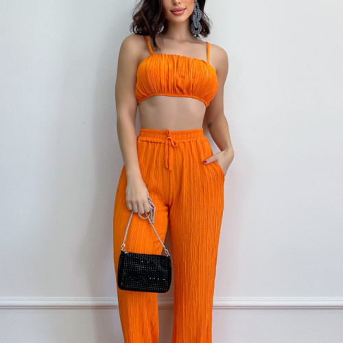 IHOOV Solid Sleeveless Sexy Suspender Top and Pleated Pants Two-piece Set