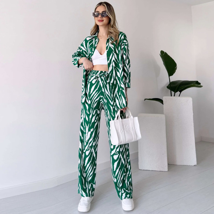 Women Casual Loose Long Sleeve Shirt And Pants Two-piece Set