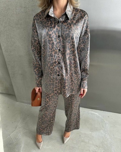 IHOOV Leopard Print Long Sleeve Shirt Pants Two Piece Set  For Women
