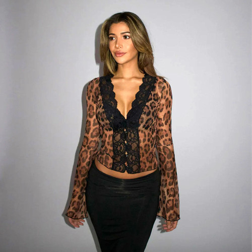 IHOOV Leopard Print Lace V-Neck Flare Sleeve Top