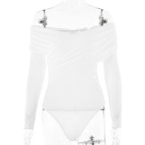 IHOOV Ruffle V-Neck Off-Shoulder Long Sleeve Solid Bodusuit