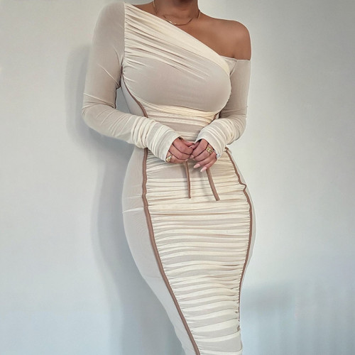 IHOOV Alluring Mesh Patchwork Off-Shoulder Fitted Midi Dress