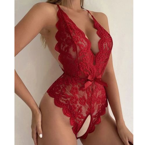 IHOOV Captivating Deep V neck Lace Crotchless Bodysuit