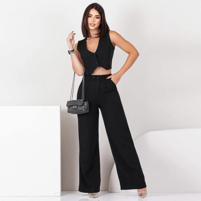 IHOOV Summer Casual Slim-fit Sleeveless Vest and Straight Pants Two-Piece Set for women