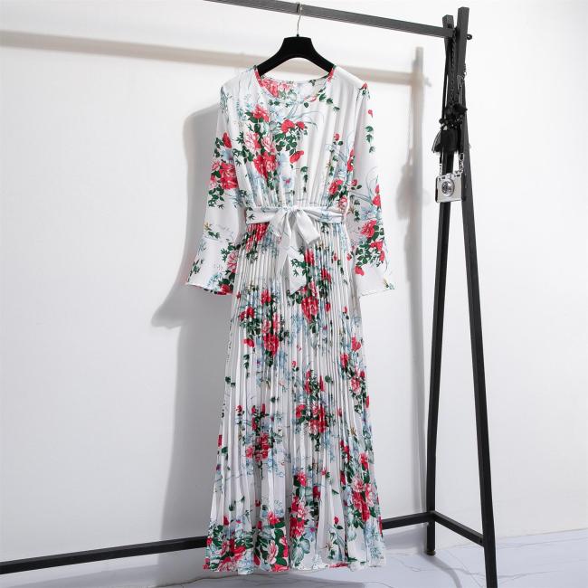 IHOOV Floral Print Bow Tie Collar Flared Sleeve Fitted Pleated Maxi Dress