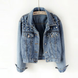 Rhinestone-studded Oversized Denim Jacket for Students