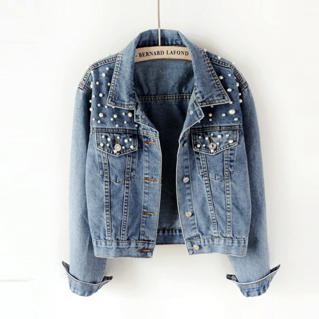 Rhinestone-studded Oversized Denim Jacket for Students