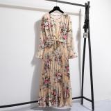 IHOOV Floral Print Bow Tie Collar Flared Sleeve Fitted Pleated Maxi Dress