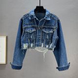Women Bead Rivets Distressed Denim Jacket