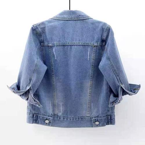 IHOOV Trendy Cropped Denim Jacket with 7/8 Sleeves for Students