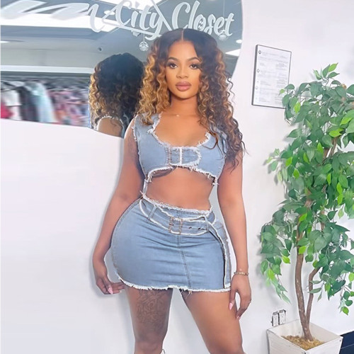IHOOV Denim Top with Fringe Waist Belt Sexy Dress Set