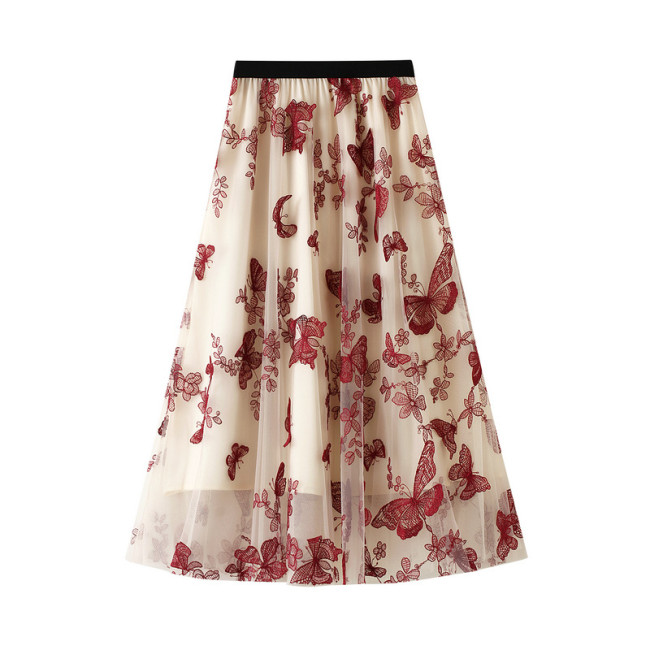 Ihoov Enchanting Lace Butterfly Embroidered Mesh Midi Skirt