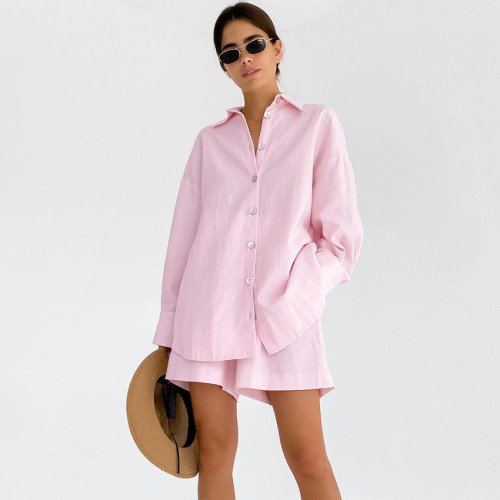 IHOOV Comfortable Loose Fit Long-Sleeve Shorts Cotton-Linen Pajama Set for Women